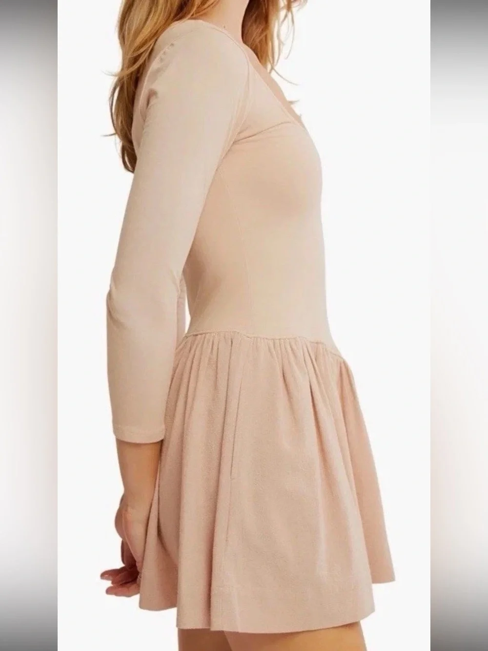 Free People Tan Solid Square Neck Long Sleeve Stretch Knit Mini Dress Small NWT